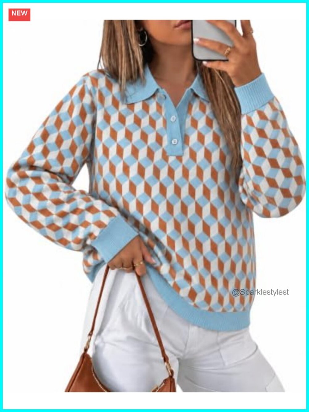 Women's Plaid Knit Polo Sweater Long Sleeve Relaxed Fit